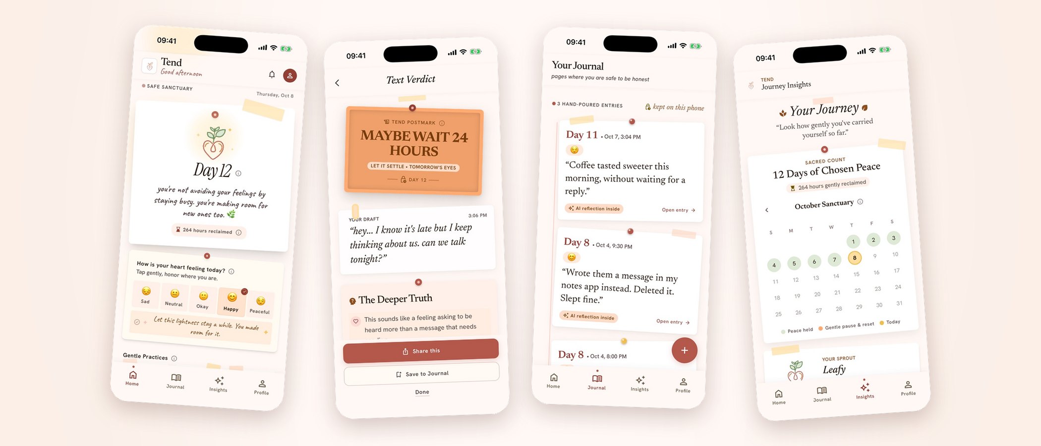 Four screens of the Tend app: the day counter on Home, a Clarity Check result, the journal and the journey calendar